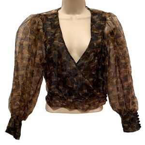 Zara Wrap Cropped Women's Shirt Sheer Sleeves Brown Print Size XS